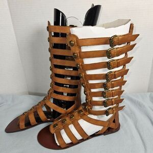 Tan Cognac Faux Leather Tall Gladiator Sandal Boots with Brass Studs Buckles 8